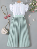 european and american style cross-border girls' flutter sleeve ruffle collar top with pleated wide-leg pants and belt (jumpsuit)