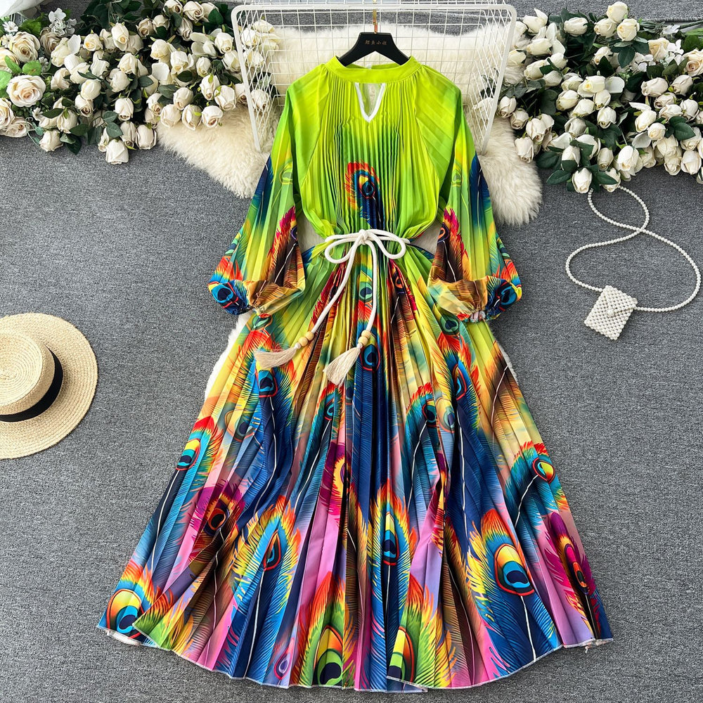 Elegant and chic printed dress for women - summer bubble sleeve tie-waist design, unique and flowy fairy dress