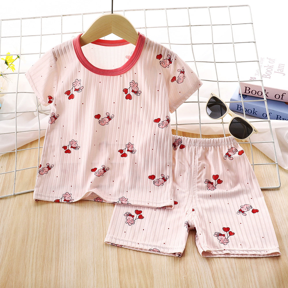 Kids' summer ice silk short-sleeve set - lightweight air conditioning suit for boys and girls, toddler and children's sleepwear, loungewear, and children's clothing