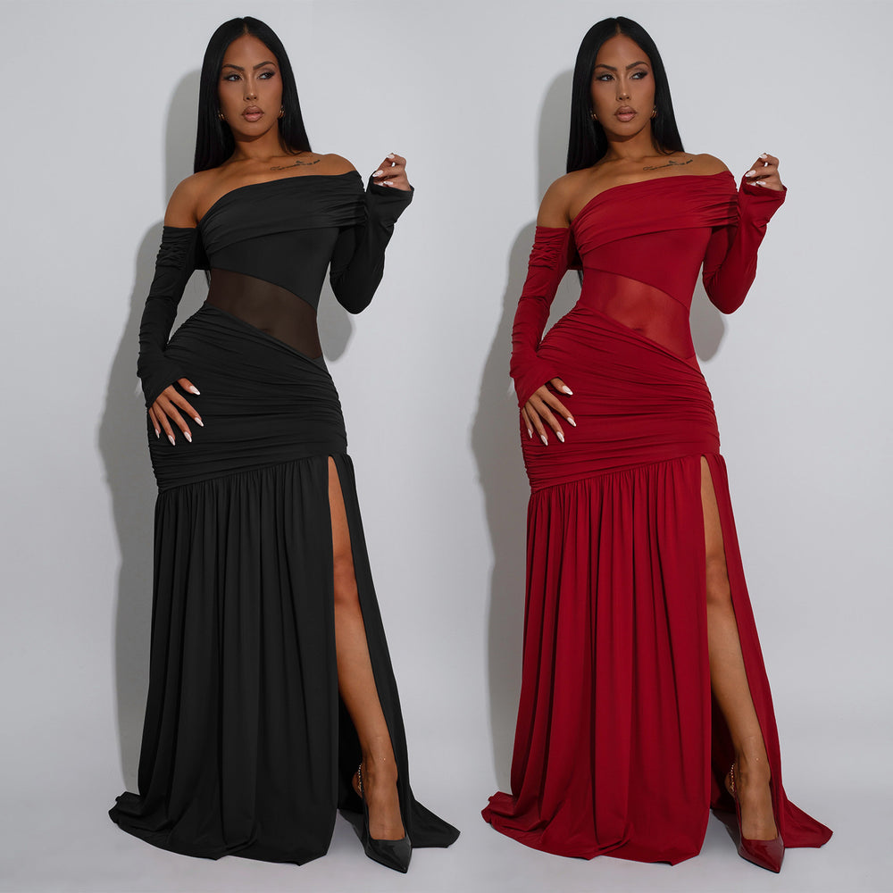 C7561 cross-border   fashion women's sexy bandeau see-through slit evening dress