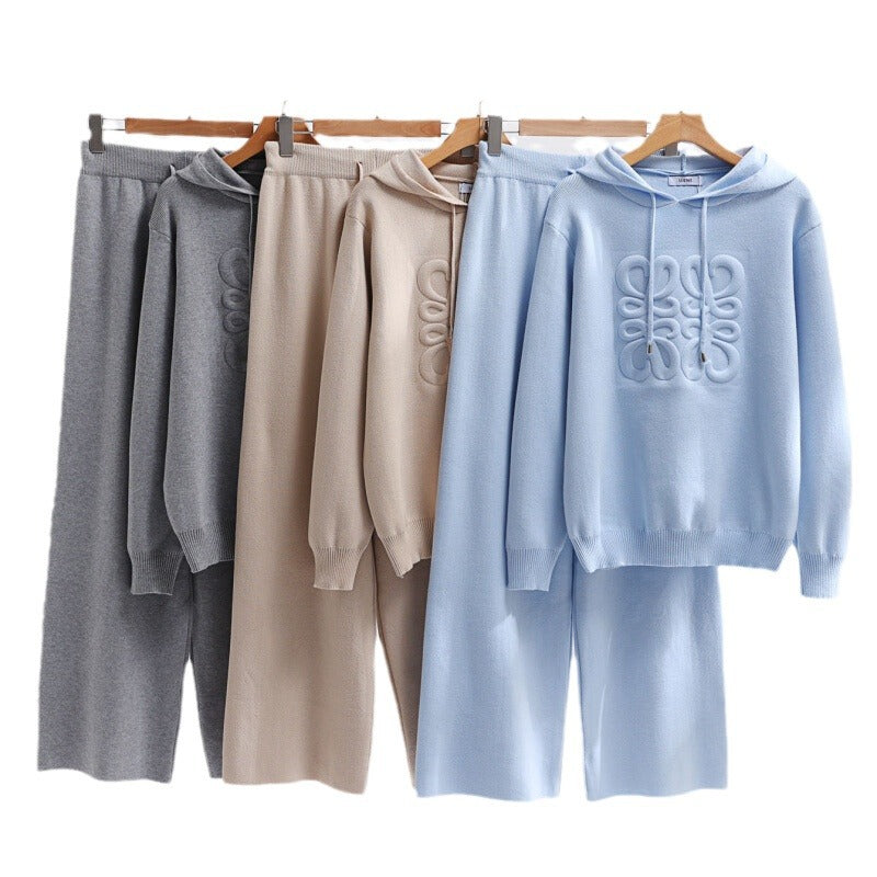 Fashionsuitfemalek-stylelooseknittinghoodedsweatshirttwo-piece setcasualhigh waistslimming lookstraight-legloose pants