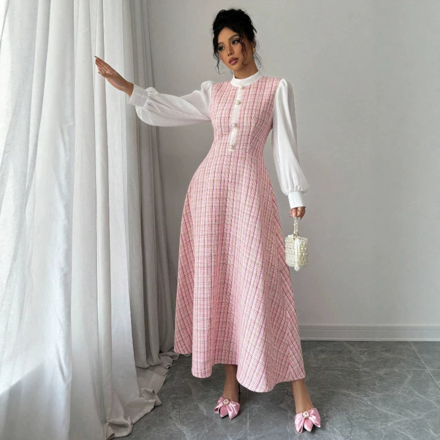 european and american new arrival: pink-toned vertical stripe chanel-inspired maxi dress with stand collar, chiffon bubble long sleeves, and pearl button detail
