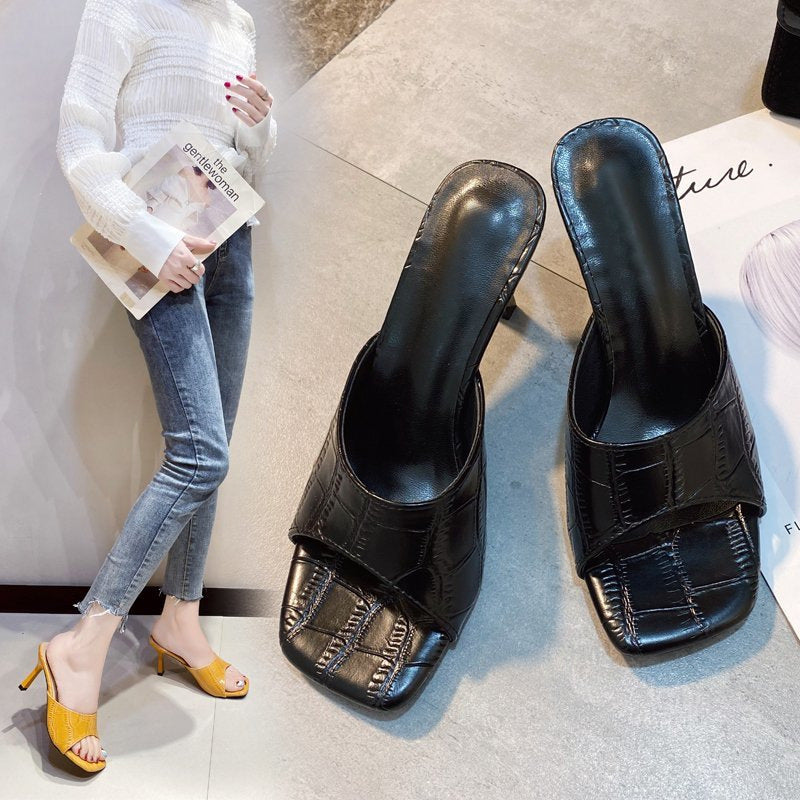 Trendy summer new arrival: french-style rhombus pattern open-toe heeled sandals for women - square toe, stiletto heel, and mule design