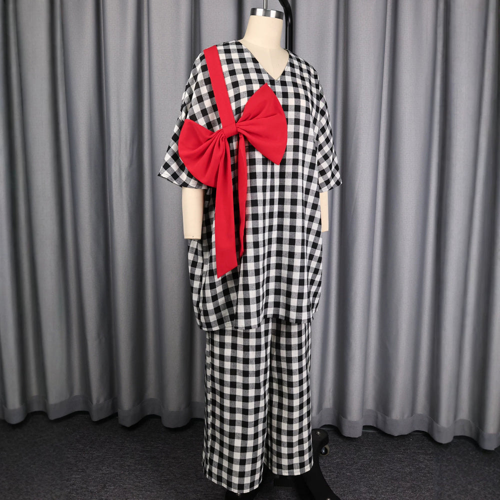 Autumn new plaid design suit casual work clothing bows decorated straight-leg pantsloosecasualtwo-piece set