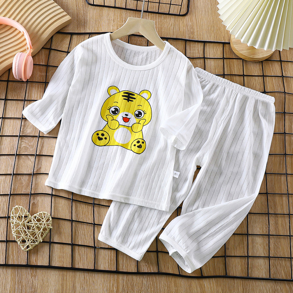 Kids' 100% cotton loungewear set - lightweight, breathable, three-quarter sleeve, air conditioning suit for boys and girls, baby summer long-sleeve pajamas