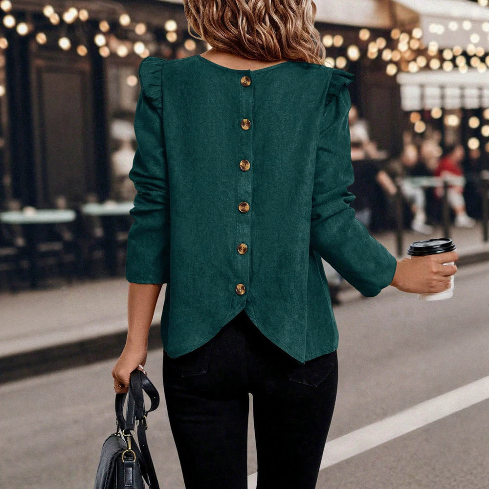 fashionretro texture shirt round neck chest pleated shoulders fungus edge long sleevesslimming lookpure color bottom