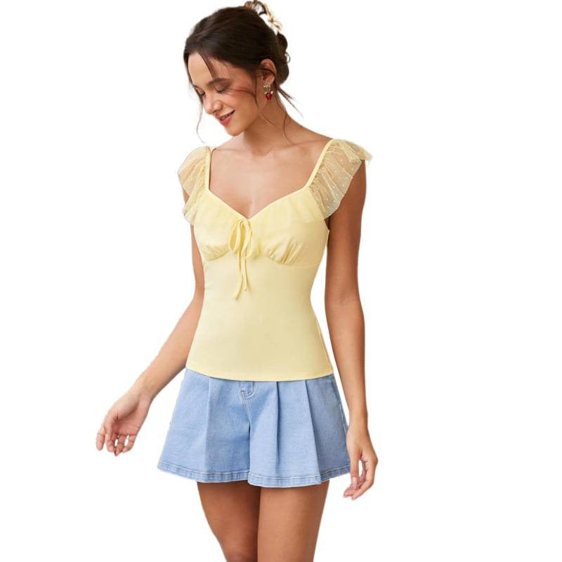 Amazon fashion short-sleeved rufflesshirtsummernew arrivalv necksweetshorttie backtops