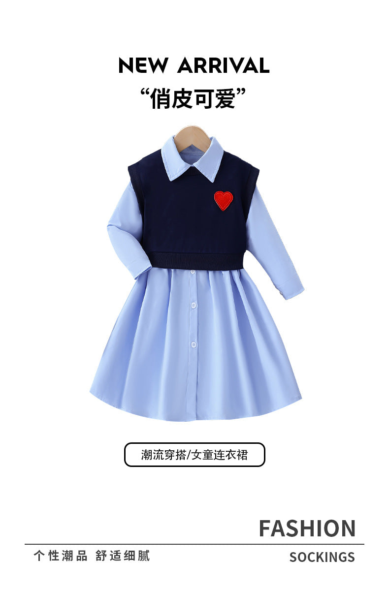 autumgirlk-stylepreppy skirttwo-piece setheartembroiderknitting vest shirt lapeldress