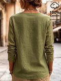 European and american style retro solid color long sleeve top with a deep v-neck and asymmetrical button design, casual loose fit cotton linen blouse