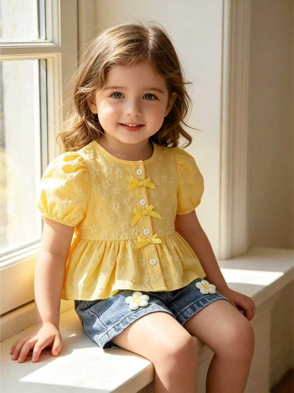 hot selling baby girl princess sleeve bow top + 3d floral denim shorts two-piece set