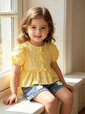 hot selling baby girl princess sleeve bow top + 3d floral denim shorts two-piece set