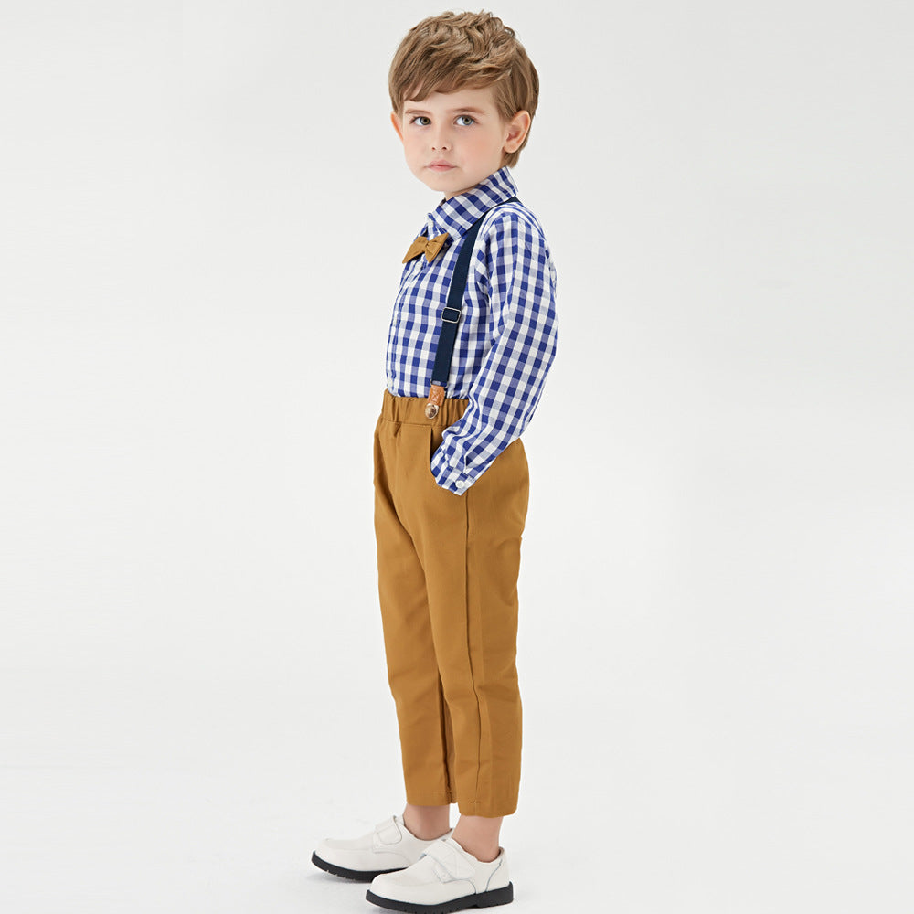 Kids' autumn plaid shirt & overalls set - korean style boys' gentleman outfit - in stock & wholesale