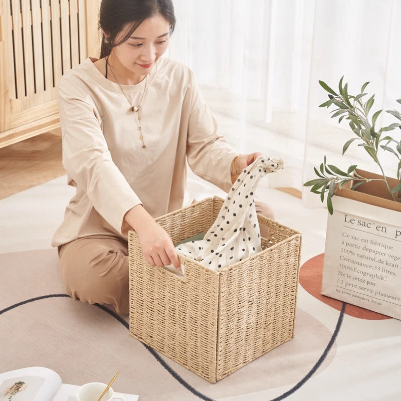 Imitation rattan woven storage basket plaid box foldablecasual dirty clothes storage basket square toy snack storage