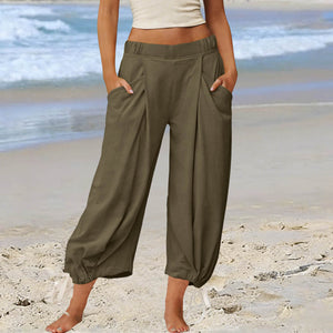 european and american new women's loose wide-leg pants - solid color, elastic waist, casual long trousers with pockets
