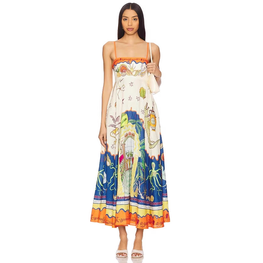 cross-border  women's new elegant high-waisted cotton linen printed camisole casual fashion dress