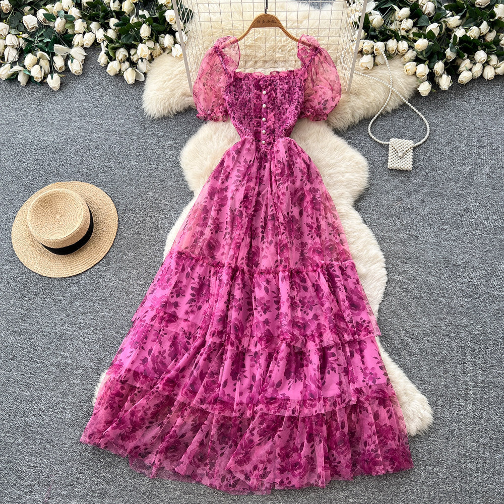 French gentle style puff sleeve floral dress women's summer k-style square collar high waist a-line elegant cake skirt slimming look