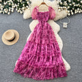 French gentle style puff sleeve floral dress women's summer k-style square collar high waist a-line elegant cake skirt slimming look