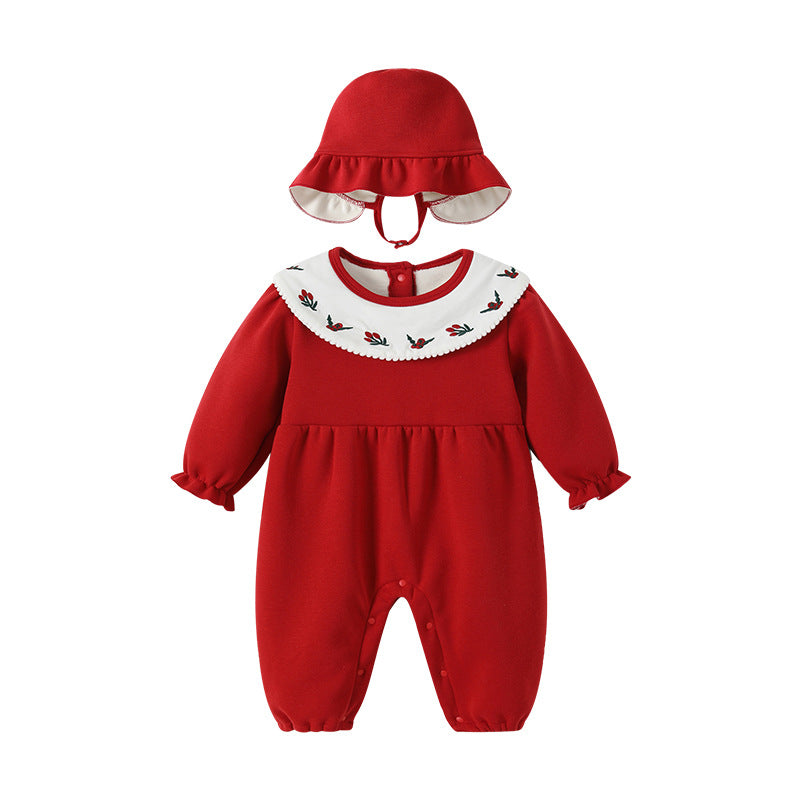 Newborn baby clothes 100-day celebration bodysuit romper one-year-old red fleece-lined long sleeve crawling suit autumn/winter