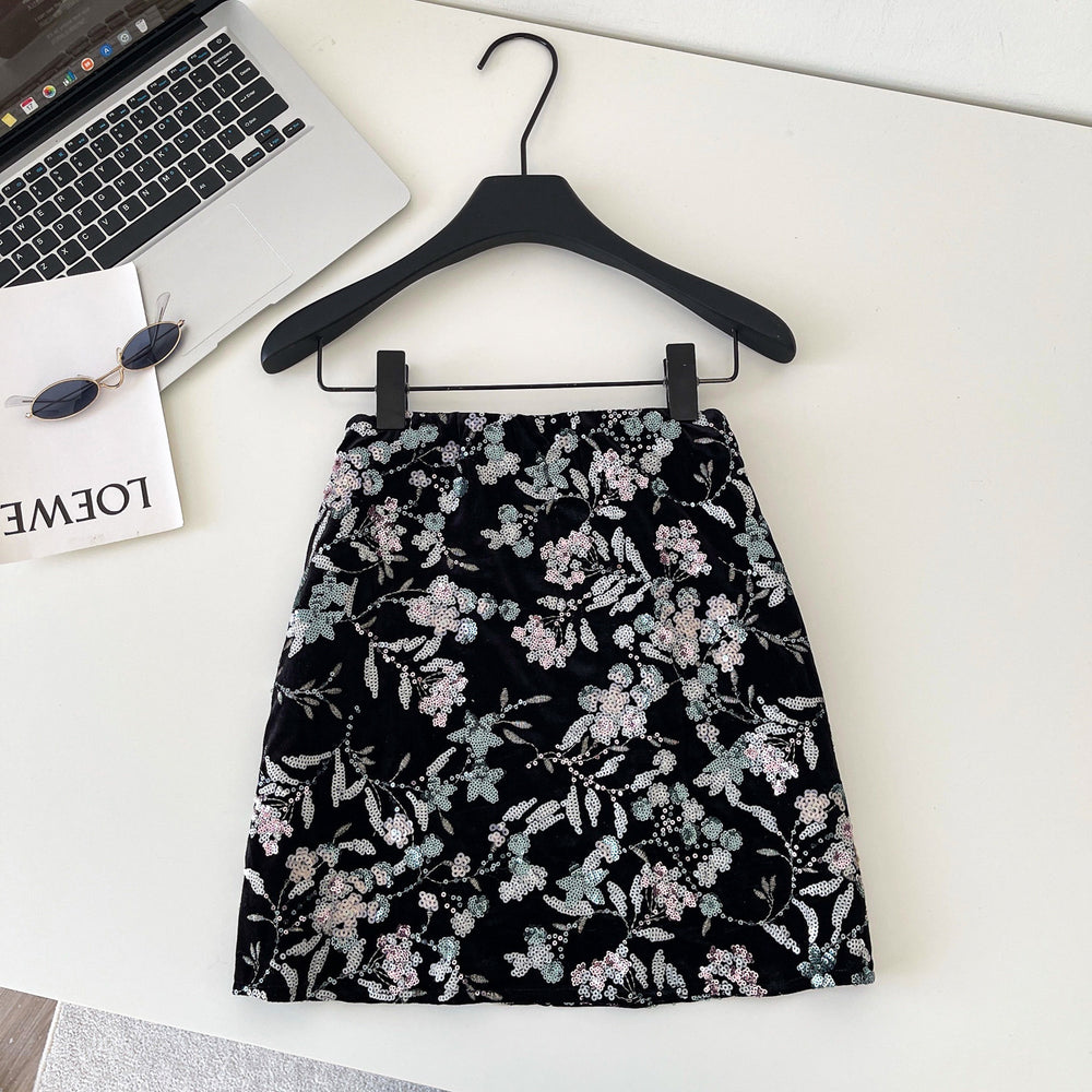 Fashionable age-reducing heavy sequin flower skirt for women high waistslimming look a-line short skirt work clothingaccessible luxuryclassy sense