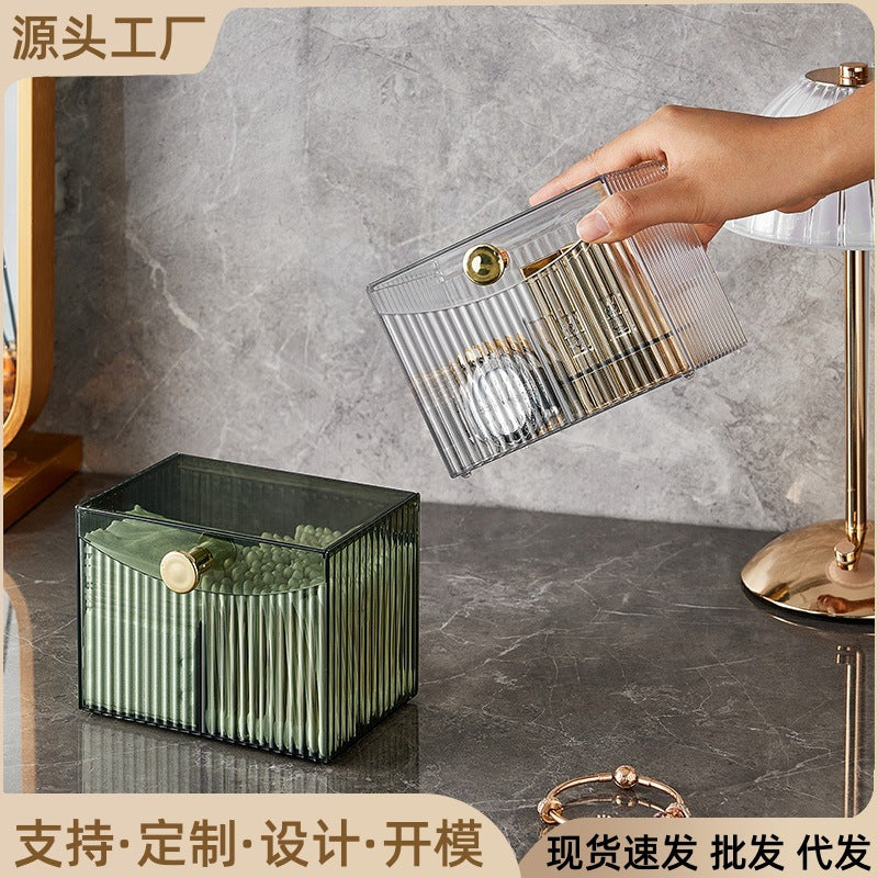 Cosmetic organizer box - cotton swabs, cotton pads, makeup sponges, makeup brushes - desktop storage with lid, divided compartments, transparent organizer