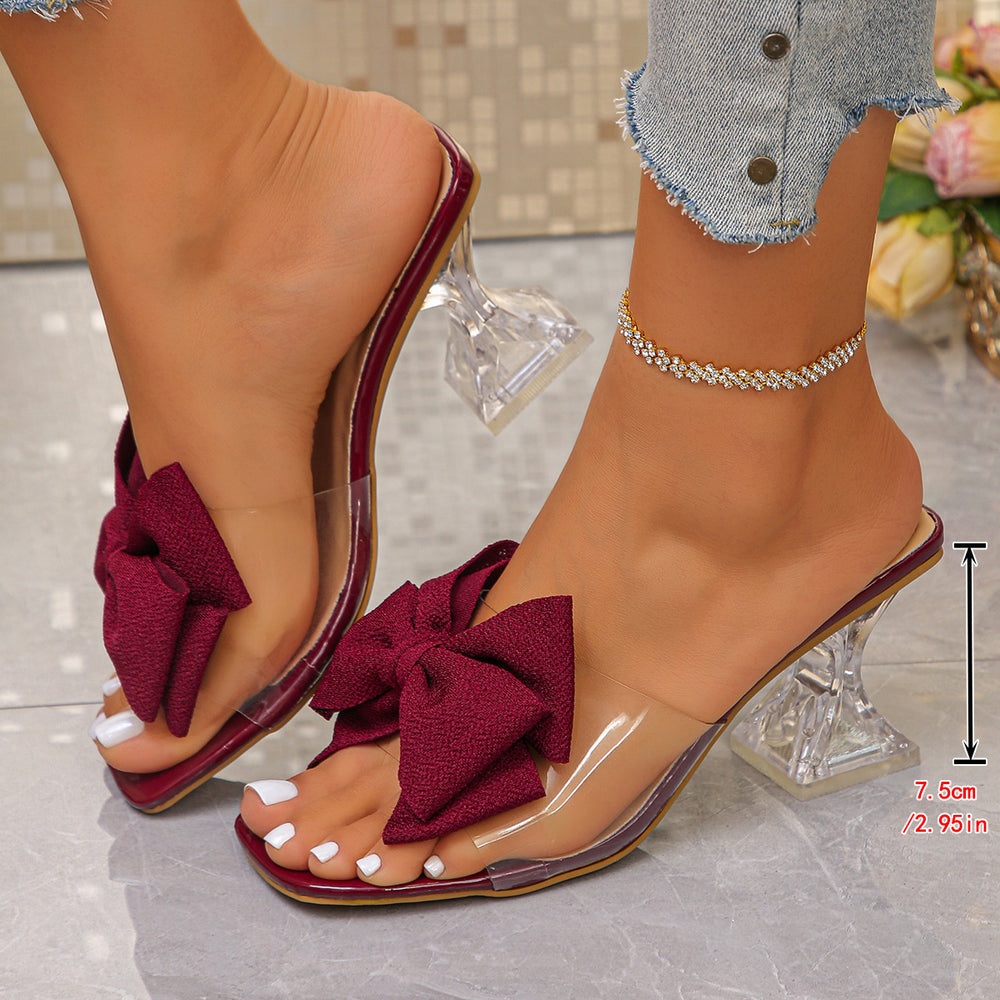 European and american plus size transparent high heel sandals and slippers for women, 2026 summer new style, bowknot square toe crystal chunky heel sandals