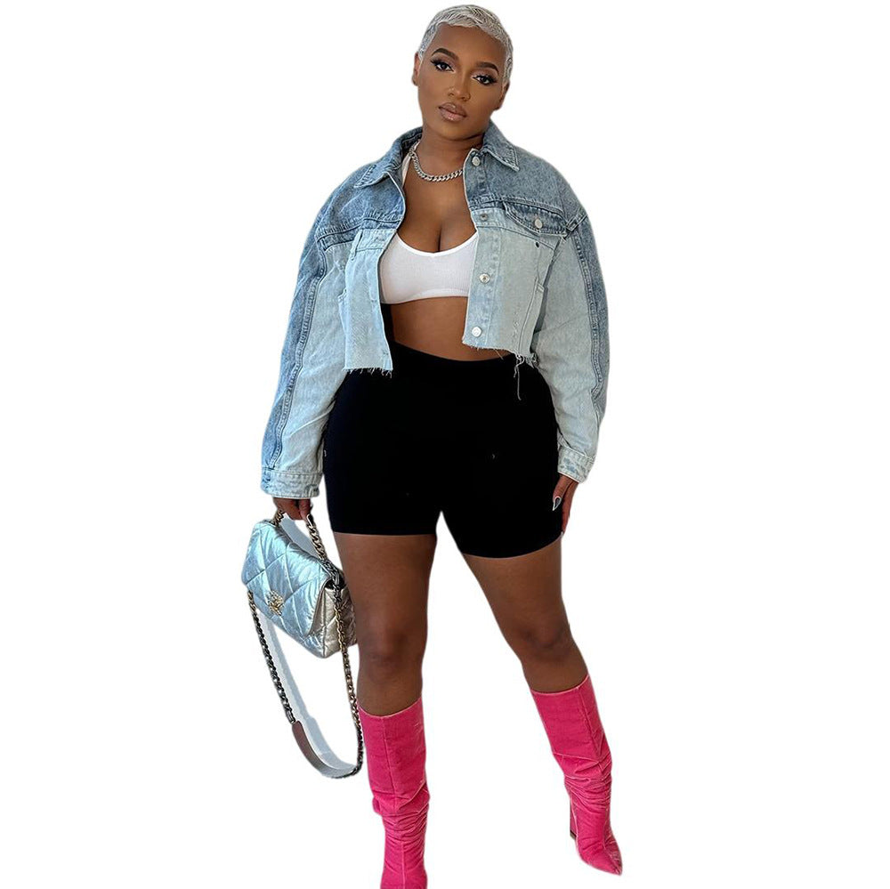 European and american style women's denim jacket -  cross-border fashion casual color block single-breasted long sleeve denim jacket