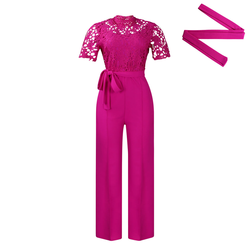 D509 european and american style  sexy lace trim cutout short sleeve tie-up high waist wide leg jumpsuit - wholesale