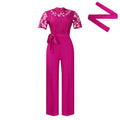 D509 european and american style  sexy lace trim cutout short sleeve tie-up high waist wide leg jumpsuit - wholesale