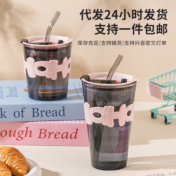 Glass Summer Women's Premium Cup Alphabet Cup Glass Straw Cup Water Cup Xia Liang Cup High Value Coffee Cup
