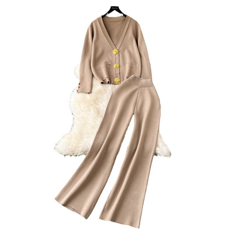 Premium chanel-inspired two-piece set for women: versatile knitted cardigan with metal button detail and casual pants - perfect for autumn and winter