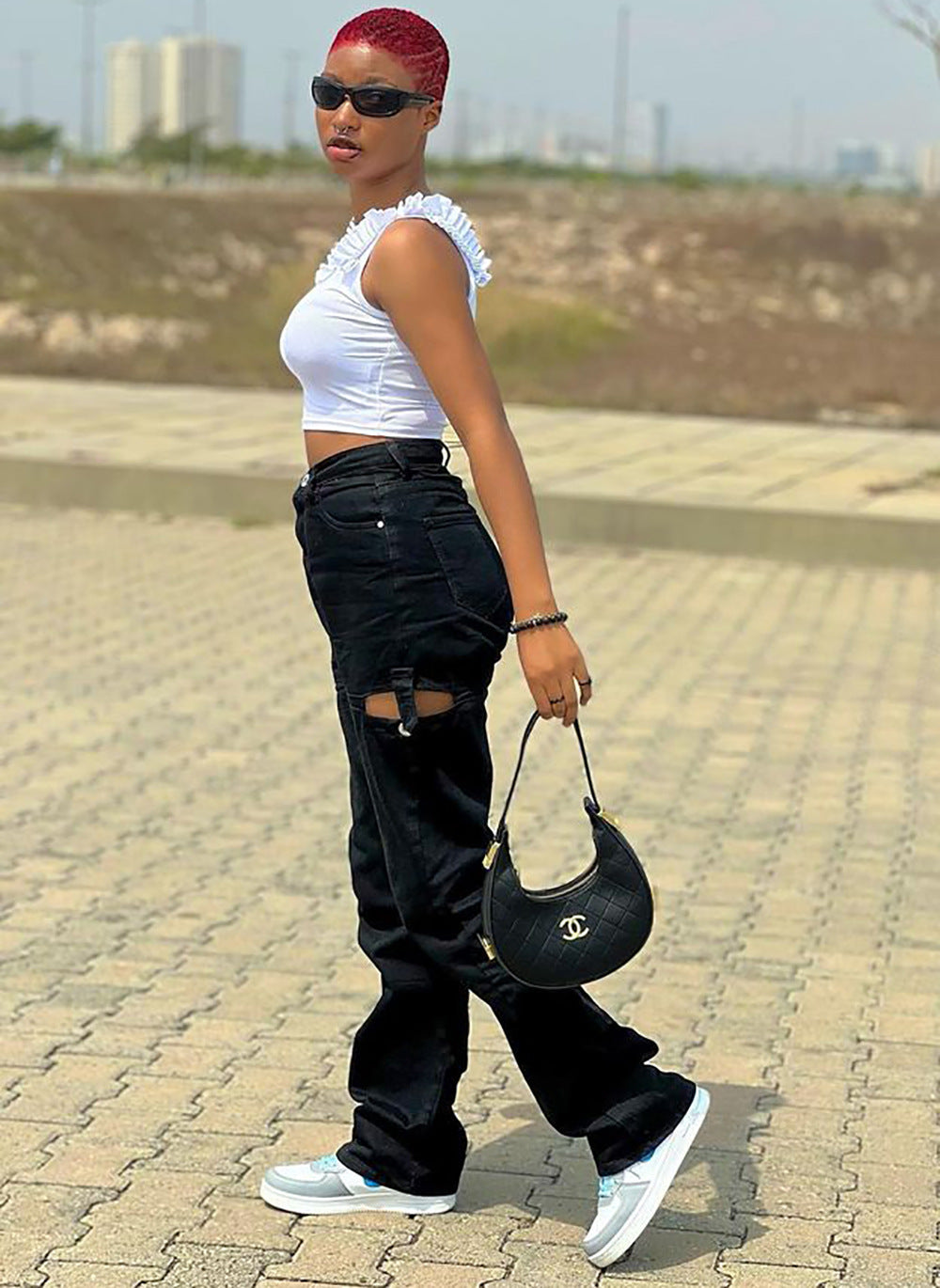 European and american cross-border women's fashion:  streetwear casual distressed patchwork jeans - high waist, straight leg, loose wide leg pants