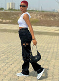 European and american cross-border women's fashion:  streetwear casual distressed patchwork jeans - high waist, straight leg, loose wide leg pants