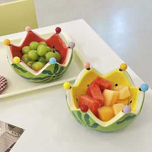 High-style, creative watermelon fruit bowl with fork set – perfect for home, living room coffee table, fruit platter, salad bowl, ceramic bowl