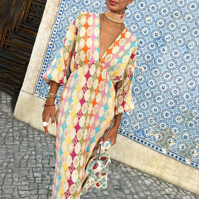 cross-border e-commerce european and american women's clothing: new summer collection - elegant and chic printed v-neck lantern sleeve midi dress
