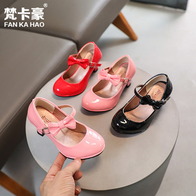 Customizable girls' korean style solid color bowknot children's shoes  spring new collection flats leather princess shoes