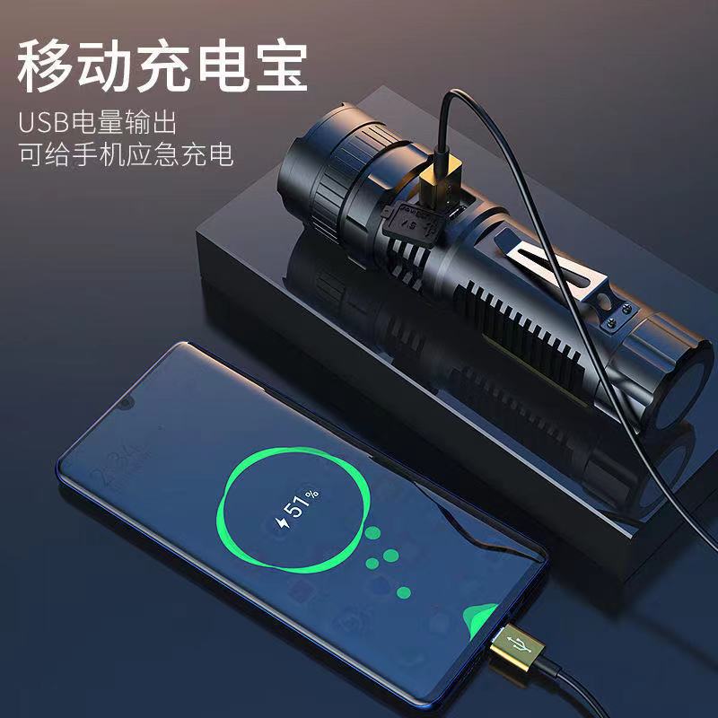 Cross-border XHP-70 lamp beads strong light 26650USB charging output function strong magnetic COB side light retractable flashlight