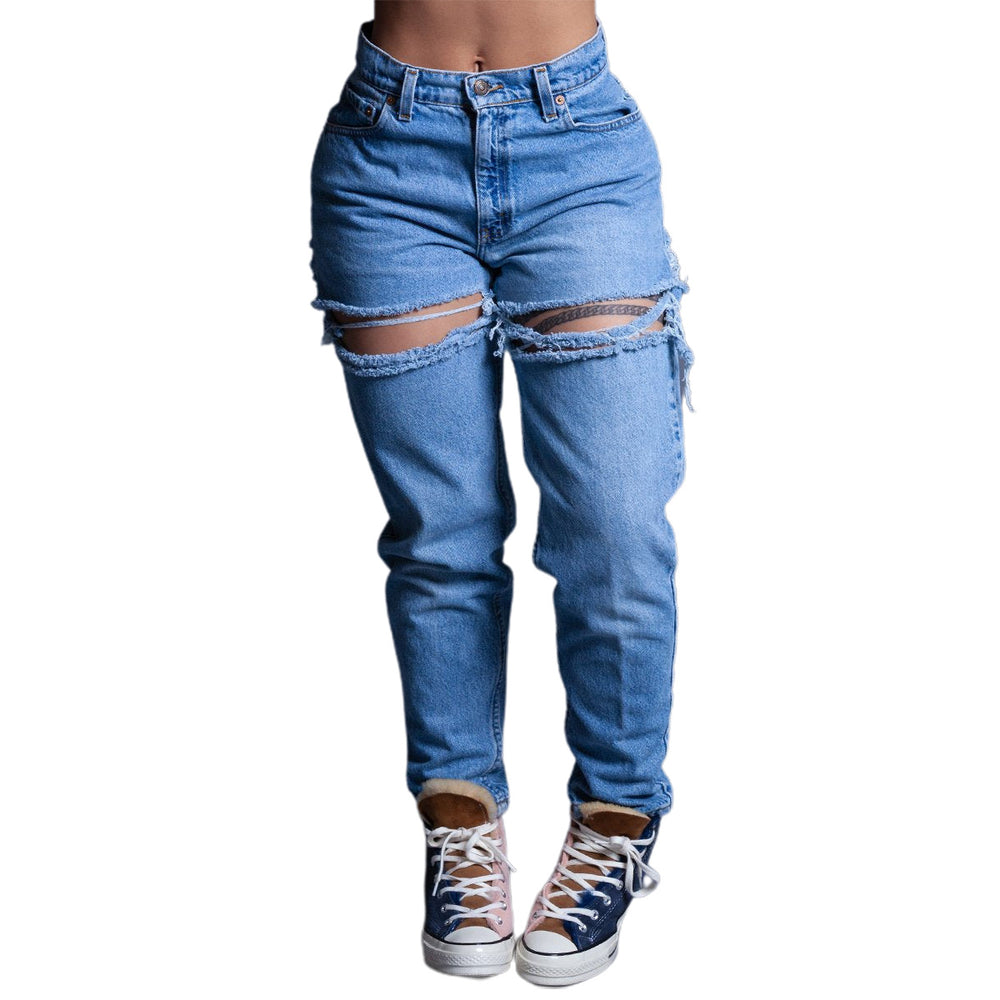 Processing personalizedjeans women's new arrivalexportloose ripped straight-legcasual pants worn washedjeans