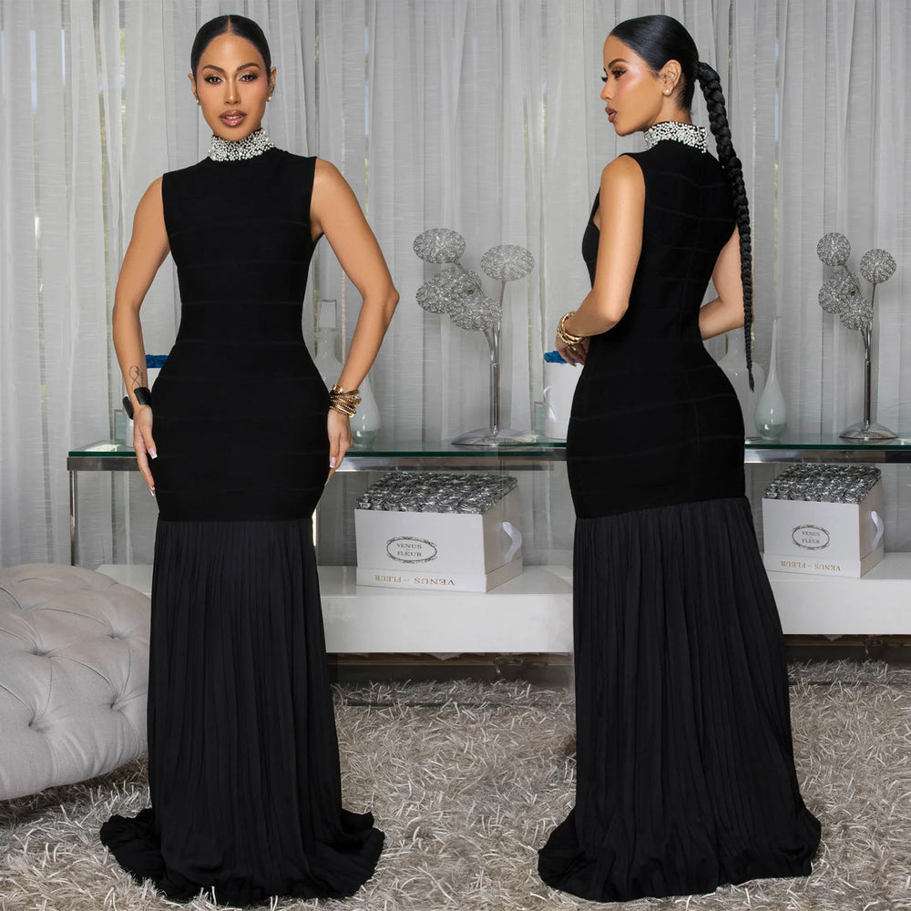 C7409 cross-border   fashion women's patchwork pleated elegant slim-fit beaded dress
