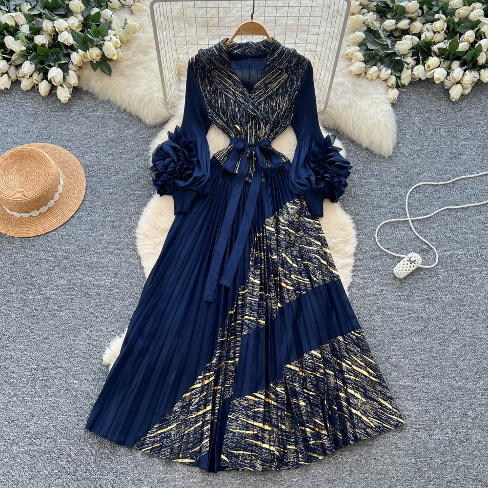 Miya european and american dress women's 2025 autumn tie-waist collared 3d floral lantern sleeve pleated maxi dress