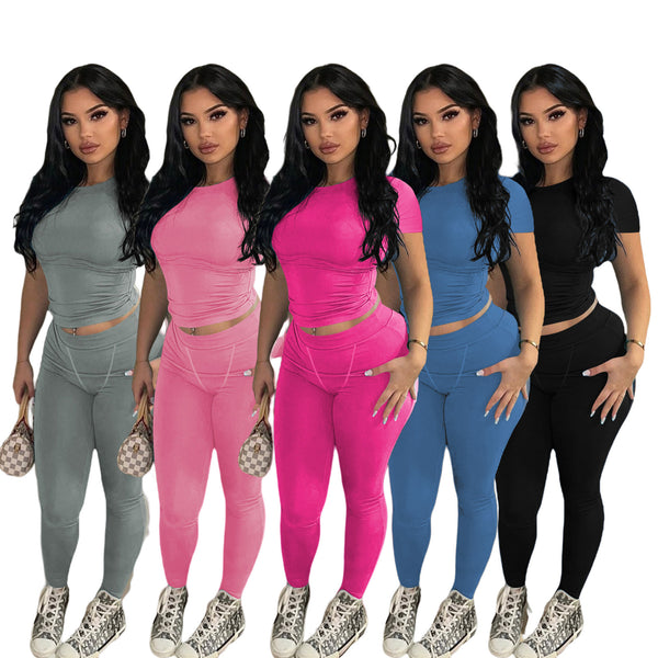YM015-D5 European and American women's clothing, 's new models, fashionable and sexy solid color threaded two-piece set,  women's clothing