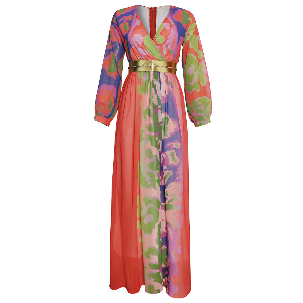 e-commerce  african plus size women's leopard print patchwork printed waist-cinching dress v-neck long sleeve belted