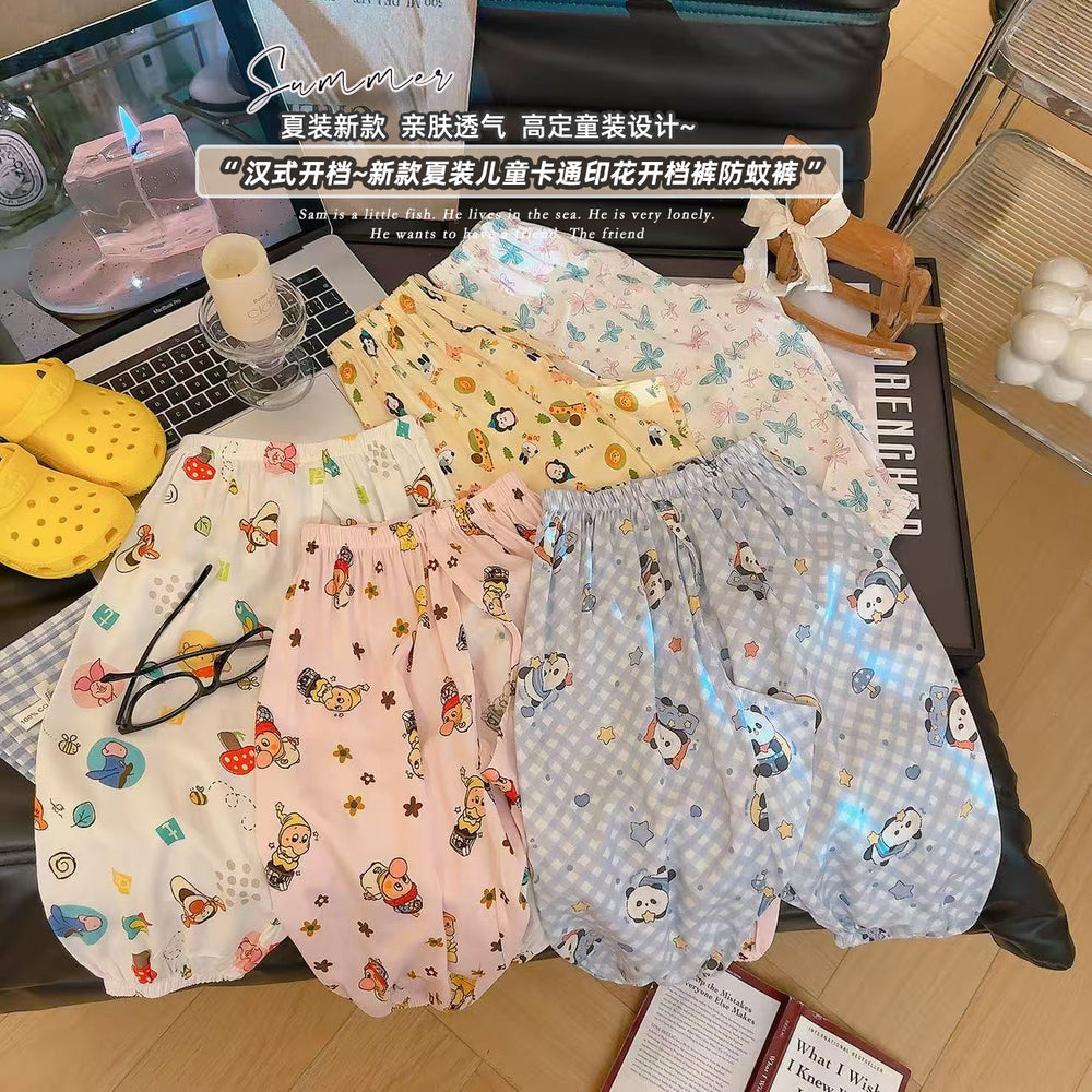 Kids anti-mosquito pants summer crotchless pants cute printing men's and women's baby home casual large crotch pp pants outwear