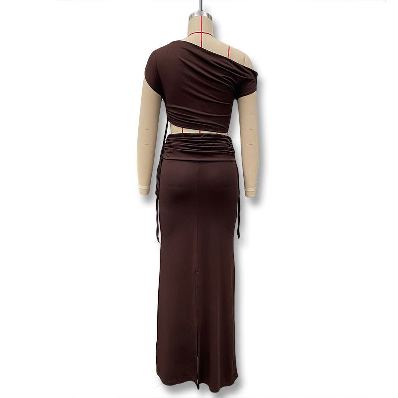 spring/summer new arrivals: european & american style women's solid color tie-up one-shoulder top and slit midi skirt set