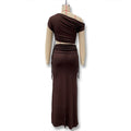 spring/summer new arrivals: european & american style women's solid color tie-up one-shoulder top and slit midi skirt set