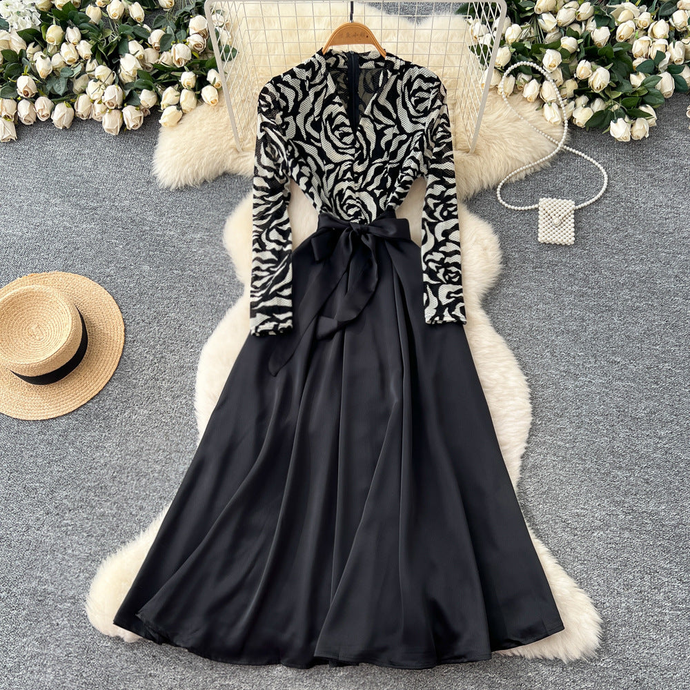 High-end elegant women's dress - 2025 autumn french style mesh print long sleeve patchwork tie-waist maxi dress