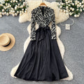 High-end elegant women's dress - 2025 autumn french style mesh print long sleeve patchwork tie-waist maxi dress