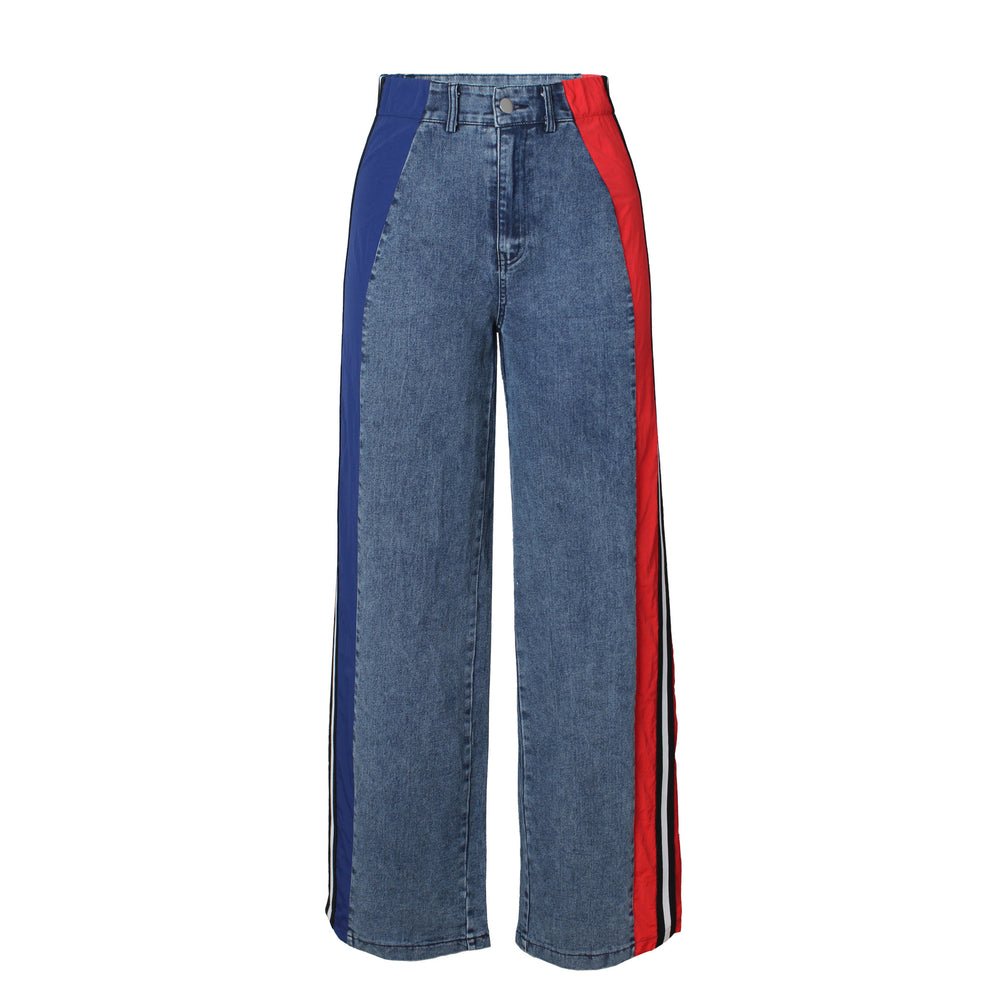 Best selling european and american clothing fashionpatchworkstripescontrast color denim pants new arrivalcasual waist elastic straight-leg pants