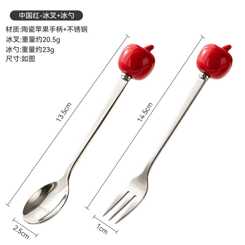 Colorful apple fork and spoon set - creative spoons with stainless steel and ceramic handles for fruit, coffee, cake, and desserts - wholesale