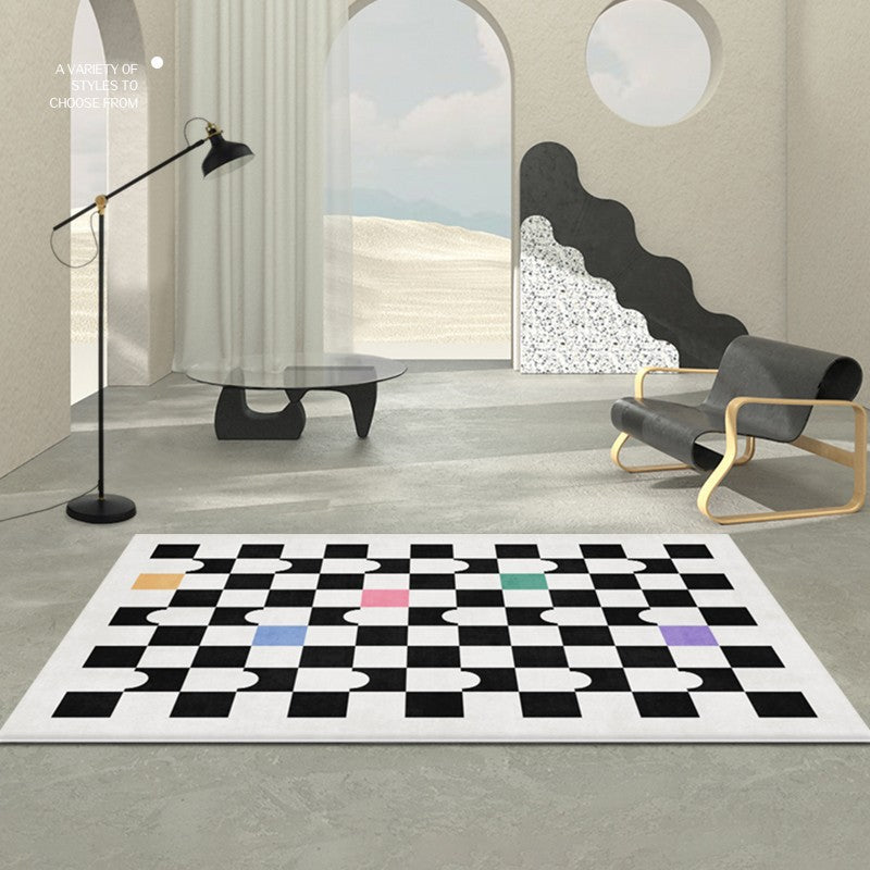 Checkerboard rug for bedroom, living room - modern minimalist nordic style - perfect for bedside, coffee table, or sofa