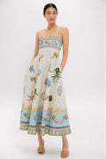 cross-border  women's new elegant high-waisted cotton linen printed camisole casual fashion dress